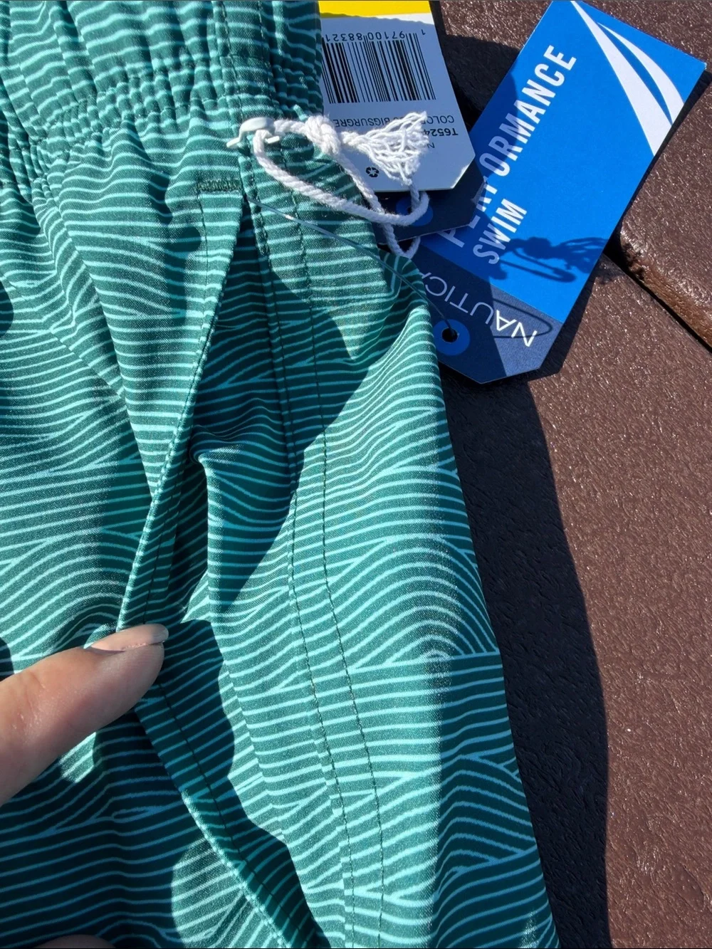 Nautica Men’s Teal Striped Swim Trunks with White Drawcord